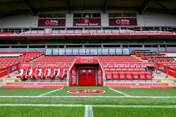 General ground views of the dugouts at Highbury Stadium, home ground for Fleetwood Town, prior to the The Vertu Trophy match Fleetwood Town vs Leeds United Academy at Highbury Stadium, Fleetwood, United Kingdom, 7th October 2025 