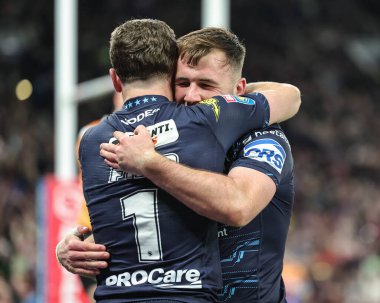 Harry Smith of Wigan Warriors celebrates his try during the 2025 Betfred Super League Grand Final Hull KR v Wigan Warriors at Old Trafford, Manchester, United Kingdom, 11th October 2025 