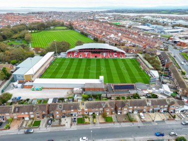 Aerial drone image of Highbury Stadium, home ground for Fleetwood Town FC, prior to during the Sky Bet League 2 match Fleetwood Town vs Harrogate Town at Highbury Stadium, Fleetwood, United Kingdom, 11th October 2025 
