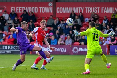Jack Muldoon of Harrogate Town has a shot on goal during the Sky Bet League 2 match Fleetwood Town vs Harrogate Town at Highbury Stadium, Fleetwood, United Kingdom, 11th October 2025 