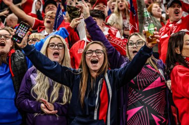 Hull KR fans celebrate winning the Grand Final during the 2025 Betfred Super League Grand Final Hull KR v Wigan Warriors at Old Trafford, Manchester, United Kingdom, 11th October 2025 