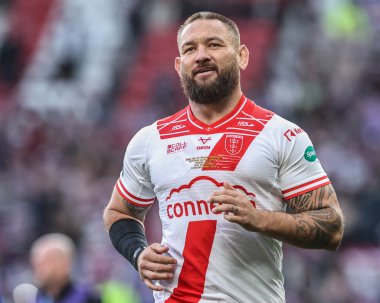 Jared Waerea-Hargreaves of Hull KR in the pre-game warm up during the 2025 Betfred Super League Grand Final Hull KR v Wigan Warriors at Old Trafford, Manchester, United Kingdom, 11th October 2025