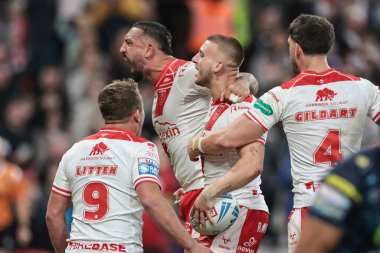Mikey Lewis of Hull KR celebrates his try during the 2025 Betfred Super League Grand Final Hull KR v Wigan Warriors at Old Trafford, Manchester, United Kingdom, 11th October 2025 