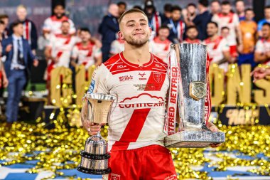 Mikey Lewis of Hull KR with the man of the match triohy and the Grand Final trophy during the 2025 Betfred Super League Grand Final Hull KR v Wigan Warriors at Old Trafford, Manchester, United Kingdom, 11th October 2025