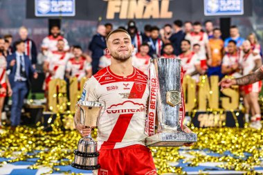 Mikey Lewis of Hull KR with the man of the match triohy and the Grand Final trophy during the 2025 Betfred Super League Grand Final Hull KR v Wigan Warriors at Old Trafford, Manchester, United Kingdom, 11th October 2025