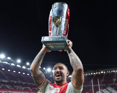 Elliot Minchella of Hull KR lifts the Grand Final Trophy during the 2025 Betfred Super League Grand Final Hull KR v Wigan Warriors at Old Trafford, Manchester, United Kingdom, 11th October 2025 