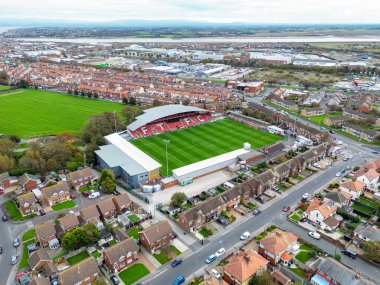Aerial drone image of Highbury Stadium, home ground for Fleetwood Town FC, prior to during the Sky Bet League 2 match Fleetwood Town vs Harrogate Town at Highbury Stadium, Fleetwood, United Kingdom, 11th October 2025 
