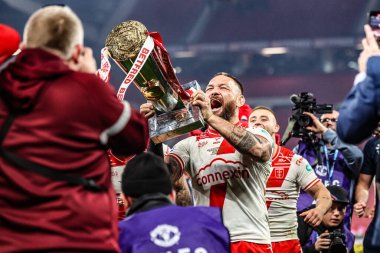 Jared Waerea-Hargreaves of Hull KR lifts the Grand Final trophy during the 2025 Betfred Super League Grand Final Hull KR v Wigan Warriors at Old Trafford, Manchester, United Kingdom, 11th October 2025 