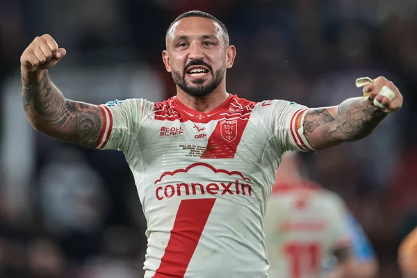 Elliot Minchella of Hull KR celebrates the win during the 2025 Betfred Super League Grand Final Hull KR v Wigan Warriors at Old Trafford, Manchester, United Kingdom, 11th October 2025 