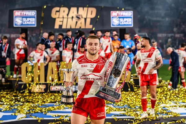 Mikey Lewis of Hull KR with the man of the match triohy and the Grand Final trophy during the 2025 Betfred Super League Grand Final Hull KR v Wigan Warriors at Old Trafford, Manchester, United Kingdom, 11th October 2025 