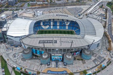 Etihad Stadyumu 'nun Premier League maçı sırasında Manchester City' nin Everton 'a karşı Etihad Stadyumu' nda 18 Ekim 2025 'te hava görüntüsü. 