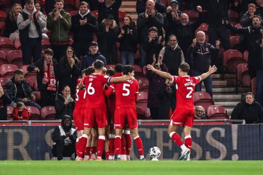Middlesbrough 'dan Delano Burgzorg, Middlesbrough' un 17 Ekim 2025 'te Riverside Stadyumu' ndaki Middlesbrough-Ipswich Town maçında 1-0 kazanma hedefini kutluyor. 