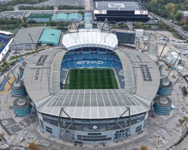 Etihad Stadyumu 'nun Premier League maçı sırasında Manchester City' nin Everton 'a karşı Etihad Stadyumu' nda 18 Ekim 2025 'te hava görüntüsü. 
