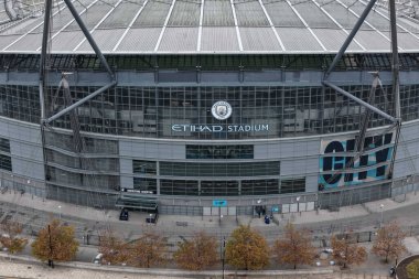 Etihad Stadyumu 'nun Premier League maçı sırasında Manchester City' nin Everton 'a karşı Etihad Stadyumu' nda 18 Ekim 2025 'te hava görüntüsü. 