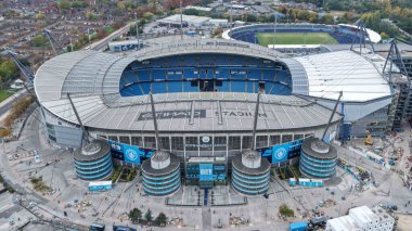 Etihad Stadyumu 'nun Premier League maçı sırasında Manchester City' nin Everton 'a karşı Etihad Stadyumu' nda 18 Ekim 2025 'te hava görüntüsü. 