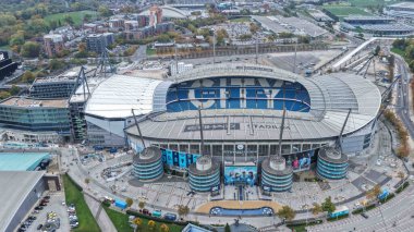 Etihad Stadyumu 'nun Premier League maçı sırasında Manchester City' nin Everton 'a karşı Etihad Stadyumu' nda 18 Ekim 2025 'te hava görüntüsü. 