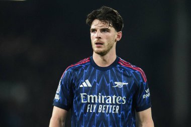 18 Ekim 2025 'te Craven Cottage, Londra, İngiltere' de oynanan Premier League maçında Arsenal 'den Declan Rice, Fulham ile Arsenal karşı karşıya geldi. 