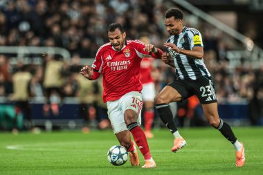 Benfica 'dan Evangelos Pavlidis ve Newcastle United' dan Jacob Murphy, UEFA Şampiyonlar Ligi Maçı 'nda top için mücadele ettiler. 8 Newcastle United, Benfica' ya karşı St. James 's Park, Newcastle, İngiltere, 21 Ekim 2025 