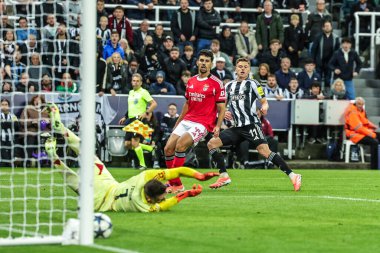 Newcastle United takımından Harvey Barnes, UEFA Şampiyonlar Ligi Maçı 'nda 2-0 önde. 8 Newcastle United' ın 3 'üncü maçında St.James' s Park, Newcastle, İngiltere, 21 Ekim 2025 'de Benfica' ya karşı. 