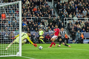 Newcastle United takımından Harvey Barnes, UEFA Şampiyonlar Ligi Maçı 'nda 2-0 önde. 8 Newcastle United' ın 3 'üncü maçında St.James' s Park, Newcastle, İngiltere, 21 Ekim 2025 'de Benfica' ya karşı. 