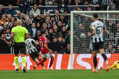 Newcastle United takımından Anthony Gordon, UEFA Şampiyonlar Ligi Maçı 'nda 1-0 önde. 8 Newcastle United' ın 3 'üncü maçında St.James' s Park, Newcastle, İngiltere, 21 Ekim 2025 'de Benfica' ya karşı. 