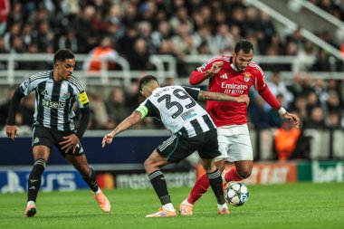 Benfica 'dan Evangelos Pavlidis ve Newcastle United' dan Bruno Guimares UEFA Şampiyonlar Ligi Maçı 'nda mücadele ettiler. 8 Newcastle United, Benfica' ya karşı St. James 's Park, Newcastle, İngiltere, 21 Ekim 2025 