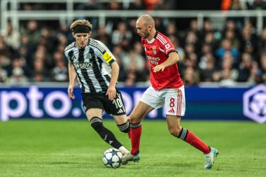 Newcastle United 'dan Anthony Gordon, Benfica' dan Fredrik Aursnes 'in UEFA Şampiyonlar Ligi Maçı' nda topu kırması üzerine baskı uyguluyor. 8 Newcastle United 'ın Benfica' ya karşı oynadığı St. James 's Park, Newcastle, İngiltere, 21 Ekim 2025   