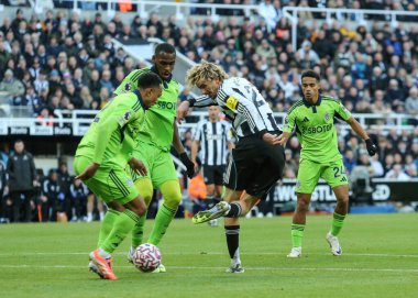 Newcastle United takımından Nick Woltemade, Premier League maçında topu atıyor. Newcastle United, Fulham 'a karşı St. James' s Park, Newcastle, İngiltere, 25 Ekim 2025