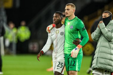 Chelsea 'den Moises Caicedo ve Chelsea kalecisi Filip Jorgensen Carabao Kupası' nda son 16 Wolverhampton Wanderers, Molineux, Wolverhampton, Birleşik Krallık 'ta Chelsea' ye karşı oynadıkları maçtan sonra, 29 Ekim 2025 