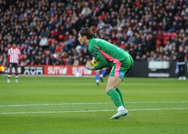 Derby County kalecisi Jacob Widell Zetterstrøm, 1 Kasım 2025 'te Bramall Lane, Sheffield, İngiltere' deki Sheffield United - Derby County maçında gevşek top topluyor. 