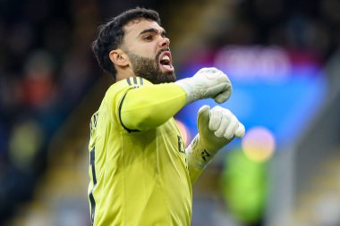 Arsenal 'den David Raya, 1 Kasım 2025' te İngiltere 'nin Burnley-Arsenal maçında oynanan Premier Lig karşılaşmasında Arsenal' li Declan Rice 'ın 0-2 kazanmasını kutluyor. 