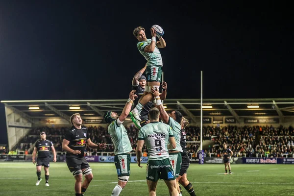 Leicester Tigers 'dan Joaquin Moro, 31 Ekim 2025' te Kingston Park, Newcastle, Birleşik Krallık 'ta oynanan Premiership Rugby Kupası maçı Newcastle Red Bulls - Leicester Tigers maçında yüksek topu kazanmak için sıçradı.