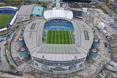Manchester City 'nin Manchester Stadyumu' nda 5 Kasım 2025 tarihinde oynanan ve Manchester City 'nin Borussia Dortmund' a karşı oynadığı UEFA Şampiyonlar Ligi Maçı sırasında Manchester City 'nin hava görüntüsü.