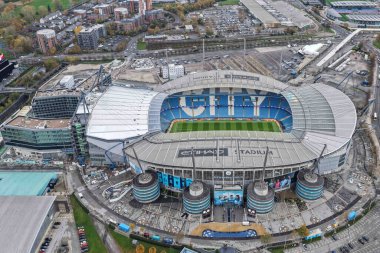 Manchester City 'nin Manchester Stadyumu' nda 5 Kasım 2025 tarihinde oynanan ve Manchester City 'nin Borussia Dortmund' a karşı oynadığı UEFA Şampiyonlar Ligi Maçı sırasında Manchester City 'nin hava görüntüsü.