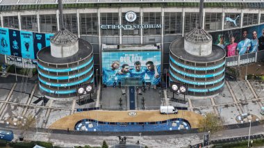 Manchester City 'nin Manchester Stadyumu' nda 5 Kasım 2025 tarihinde oynanan ve Manchester City 'nin Borussia Dortmund' a karşı oynadığı UEFA Şampiyonlar Ligi Maçı sırasında Manchester City 'nin hava görüntüsü.