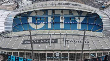 Manchester City 'nin Manchester Stadyumu' nda 5 Kasım 2025 tarihinde oynanan ve Manchester City 'nin Borussia Dortmund' a karşı oynadığı UEFA Şampiyonlar Ligi Maçı sırasında Manchester City 'nin hava görüntüsü.