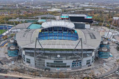 Manchester City 'nin Manchester Stadyumu' nda 5 Kasım 2025 tarihinde oynanan ve Manchester City 'nin Borussia Dortmund' a karşı oynadığı UEFA Şampiyonlar Ligi Maçı sırasında Manchester City 'nin hava görüntüsü.