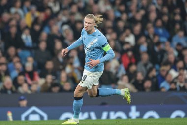 Manchester City 'den Erling Haaland UEFA Şampiyonlar Ligi Maçı sırasında 8 Manchester City Borussia Dortmund' a karşı 5 Kasım 2025 Manchester Stadyumu, İngiltere 