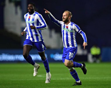 Sheffield Wednesday 'den Barry Bannan, 5 Kasım 2025' te Sheffield, Sheffield, İngiltere 'de Çarşamba günü Norwich City' ye karşı oynanan Sky Bet Şampiyonası maçında 1-0 'lık skoru kutluyor. 