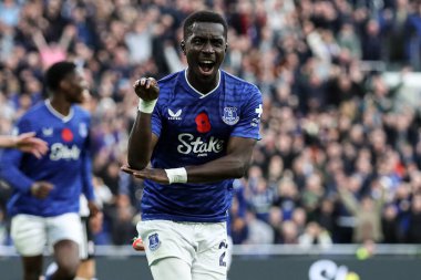 Everton 'dan İdrissa Gueye Premier Lig maçı Everton Fulham' a karşı 8 Kasım 2025 'te Liverpool, Hill Dickinson Stadyumu' nda 1-0 'lık galibiyet golünü atıyor. 