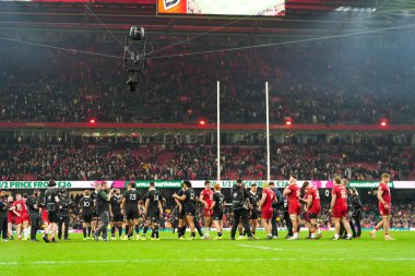 Oyuncular, 22 Kasım 2025 tarihinde İngiltere 'nin Cardiff kentindeki Principality Stadyumu' nda oynanan Galler-Yeni Zelanda maçı sırasında son düdük sesiyle el sıkışıyor.