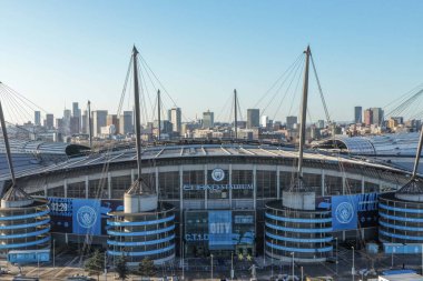 Manchester City Stadyumu 'nda, Manchester City - Bayer 04 Leverkusen maçının UEFA Şampiyonlar Ligi Maçı' nda 25 Kasım 2025 'te oynanan hava görüntüsü.