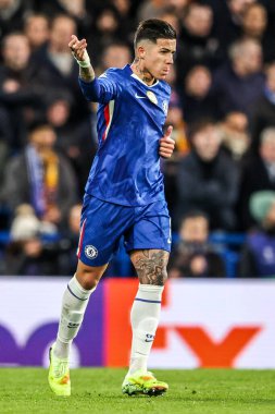 Chelsea 'li Enzo Fernnndez, takımına UEFA Şampiyonlar Ligi Maçı' nda talimatlar veriyor. Maç 5 'te Stamford Bridge, Londra, 25 Kasım 2025' de oynanacak.