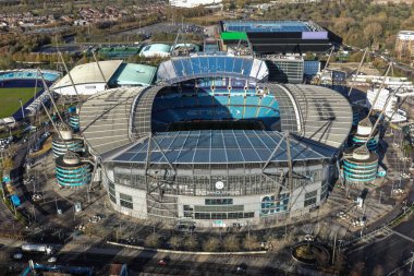 Manchester City Stadyumu 'nda, Manchester City - Bayer 04 Leverkusen maçının UEFA Şampiyonlar Ligi Maçı' nda 25 Kasım 2025 'te oynanan hava görüntüsü.