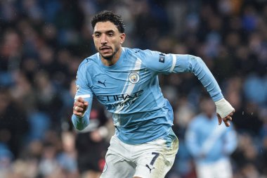 Manchester City 'den Omar Marmoush, Manchester Stadyumu' nda 25 Kasım 2025 'te oynanan 8 Manchester City - Bayer 04 Leverkusen maçında UEFA Şampiyonlar Ligi Maçı' nda maç yapıyor.