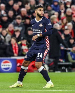 PSV Eindhoven takımından Ismael Saibari, UEFA Şampiyonlar Ligi Maçı 'nda 8 maçın 5' i PSV Eindhoven 'a karşı Anfield, Liverpool, Birleşik Krallık, 26 Kasım 2025