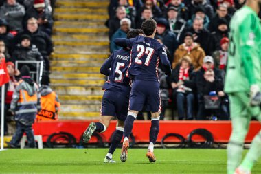 PSV Eindhoven 'dan İvan Perisiç, UEFA Şampiyonlar Ligi Maçı' nda 8 maçın 5 'inde Liverpool PSV Eindhoven' a karşı Anfield, Liverpool, Birleşik Krallık 'ta 26 Kasım 2025' te 0-1 kazanma hedefini kutluyor.