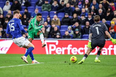 Newcastle United 'dan Jacob Ramsey, Everton kalecisi Jordan Pickford tarafından Premier League maçında, Everton - Newcastle United maçı sırasında, 29 Kasım 2025' te Liverpool, Hill Dickinson Stadyumu 'nda şutunu engelledi. 