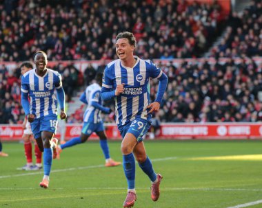 Brighton & Hove Albion takımından Maxim De Cuyper, 30 Kasım 2025 'te İngiltere' nin Nottingham kentinde oynanan Premier Lig maçı Nottingham Forest ve Hove Albion maçında 0-1 'lik galibiyet golünü kutluyor. 