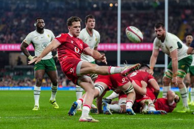 Galler 'den Kieran Hardy, 29 Kasım 2025 tarihinde İngiltere' nin Cardiff kentindeki Principality Stadyumu 'nda oynanan Galler - Güney Afrika maçı sırasında topu sürüyor. 